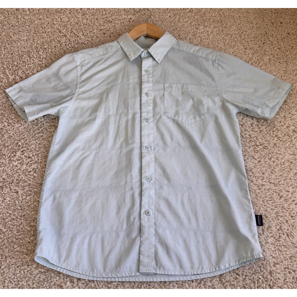 Patagonia Button Down Shirt Mens Small Blue Short Sleeve Organic Cotton Blend